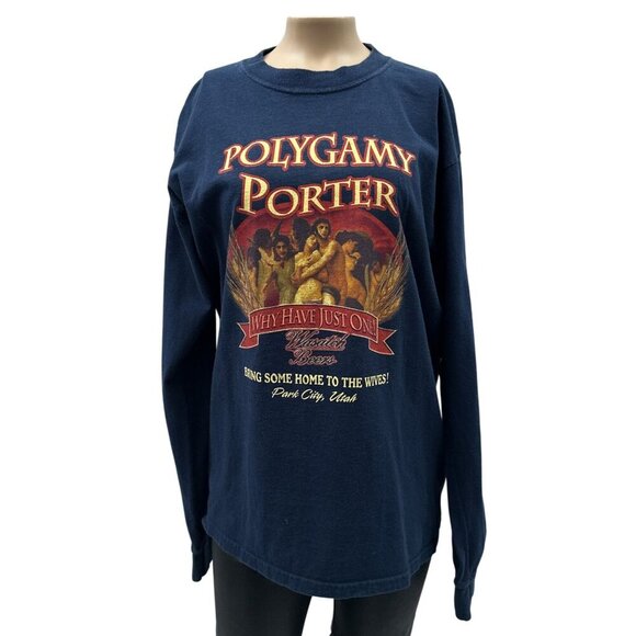 Wasatch Vintage Polygamy Porter Shirt Navy Longsleeve Cotton Funny Graphic Men M - Picture 1 of 10